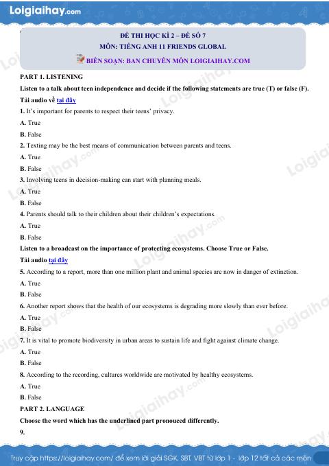 Đề thi học kì 2 Tiếng Anh 11 Friends Global - Đề số 7
